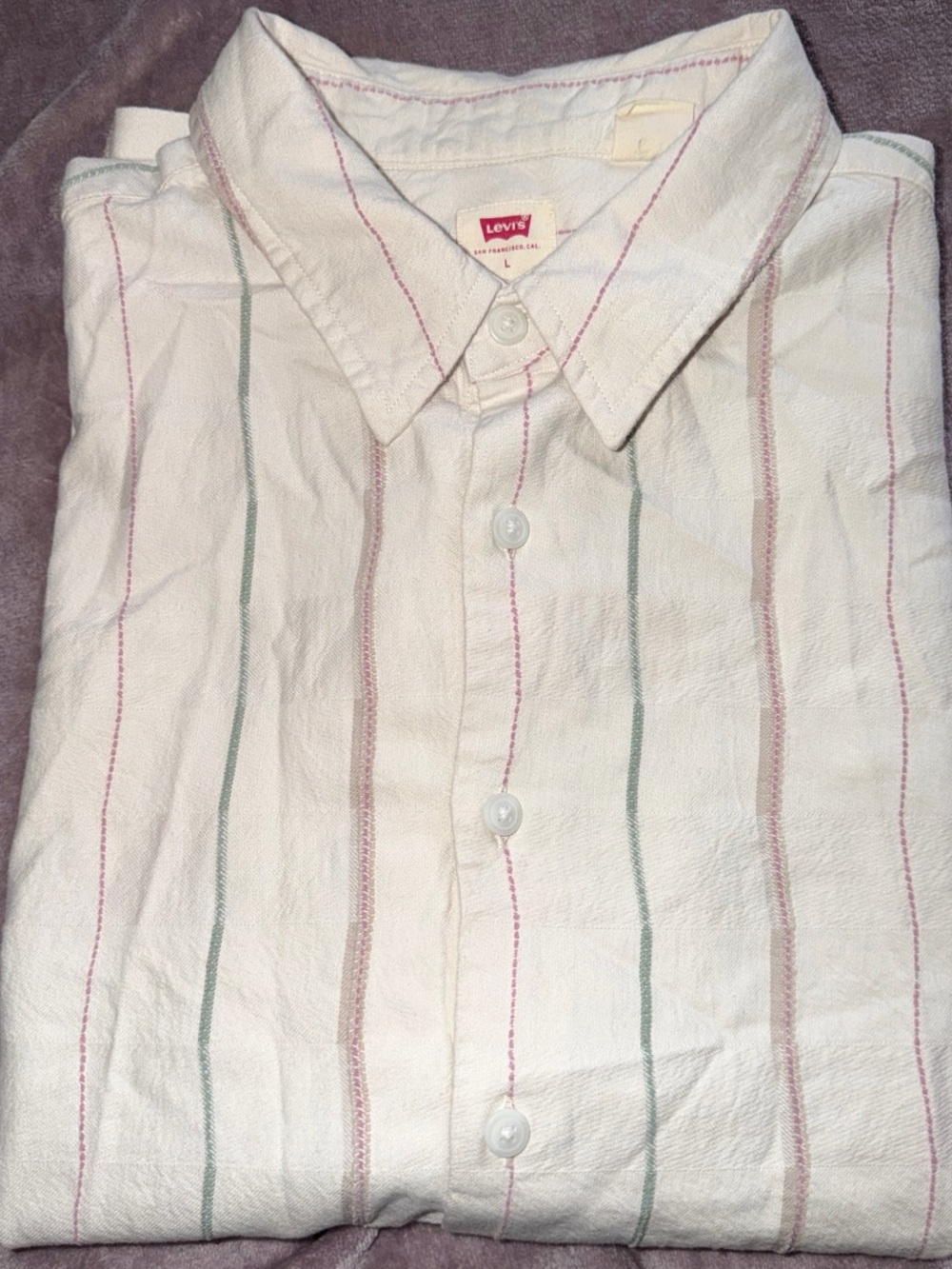 Levi's Men's Cream Button-Down Shirt with Pastel Pink and Green Stripes